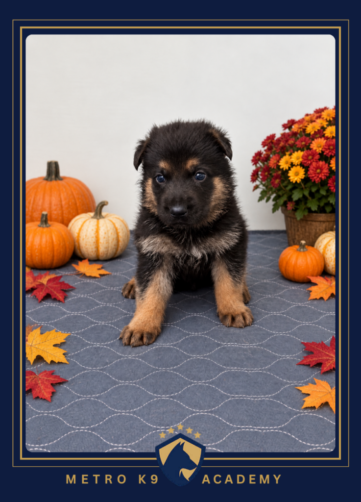 Black and tan male European German Shepherd puppy from the Sissi × Luca litter, sitting and facing the camera, Metro K9 Academy NJ