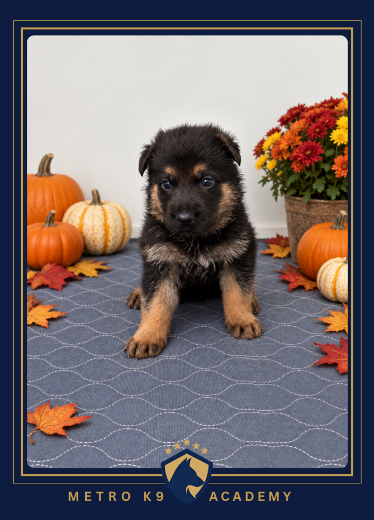 Black and tan male European German Shepherd puppy from the Sissi × Luca litter, sitting and looking at the camera, Metro K9 Academy NJ
