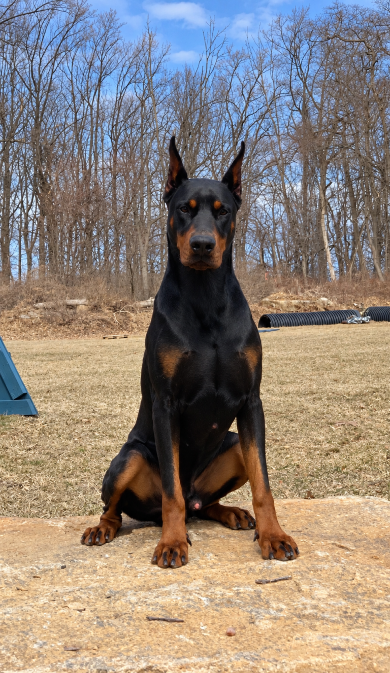 Black and tan European Doberman sitting in a field, Metro K9 Academy, Bernardsville NJ